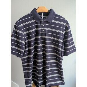 Lands' End Men's L 42-44 Pima Cotton Polo Navy Blue White Striped Short Sleeve